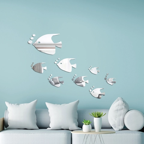 Pegatinas de Pared de Espejo de Acrílico Forma de Pez Patrón de Burbujas 3D Calcomanía de Pared para Sala de Estar Dormitorio