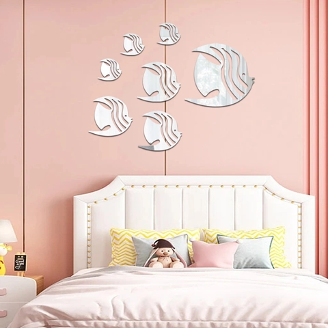 Pegatinas de Pared de Peces de Espejo de Acrílico Juego de 7 Piezas 3D Animales Marinos DIY Calcomanías Removibles para Sala de Estar