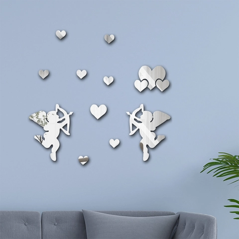 Adhesivo de Pared de Espejo Corazón Cupido Acrílico DIY 3D Calcomanía Para Decoración Romántica Dormitorio Sala Moderno
