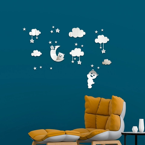 Sticker Mural Miroir 3D en Acrylique Nuage Étoile Lune Ours Dessin Animé DIY Décalcomanie Étanche pour Chambre d'Enfant
