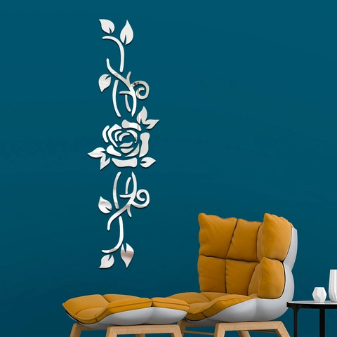 Adhesivo de Pared de Espejo Acrílico 3D Moderno Flor de Enredadera de Rosa DIY Calcomanía para Sala de Estar Dormitorio Decoración