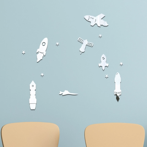 Pegatinas de Pared de Espejo de Cohete Espacial de Dibujos Animados DIY Acrílico Tema Espacio Exterior Para Habitación Niños Guardería