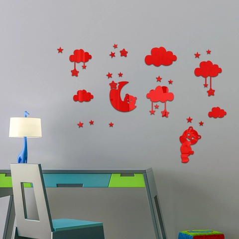 Sticker Mural Miroir 3D en Acrylique Nuage Étoile Lune Ours Dessin Animé DIY Décalcomanie Étanche pour Chambre d'Enfant