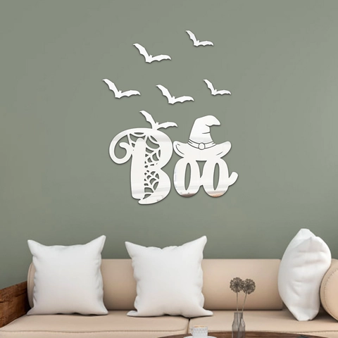 3D Halloween Acrylic Mirror Wall Sticker Set Boo Letter Bat Witch Hat Self-Adhesive Removable Decor For Home Party DIY