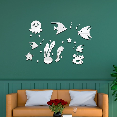Stickers Muraux 3D en Acrylique Miroir Animaux Marins Poulpe Poissons Tropicaux Algues Décalcomanies Murales Auto-adhésives Déco
