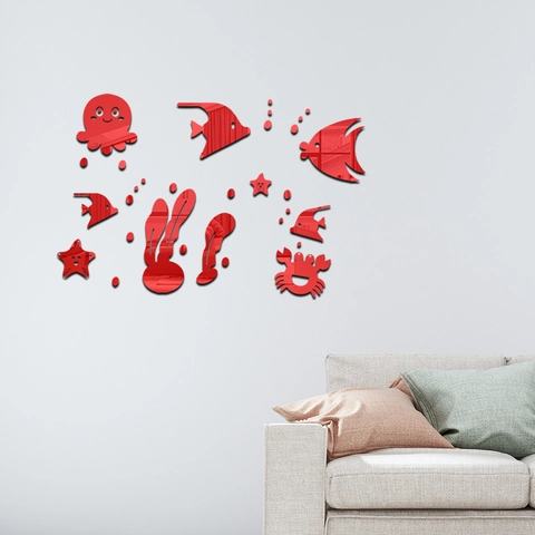 Stickers Muraux 3D en Acrylique Miroir Animaux Marins Poulpe Poissons Tropicaux Algues Décalcomanies Murales Auto-adhésives Déco