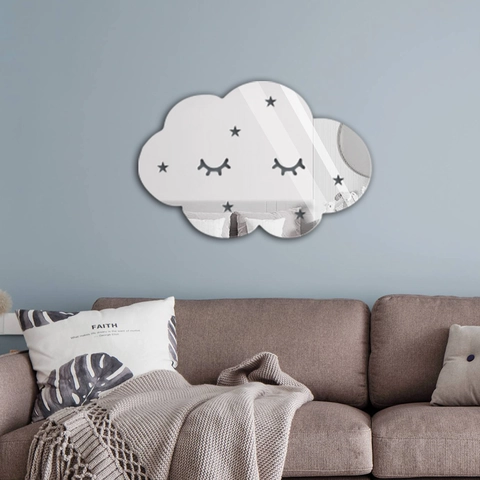 Pegatina de Pared de Espejo de Acrílico Forma de Nube Con Ojos Dormidos Estrellas Decoración de Pared 3D para Habitación Niños