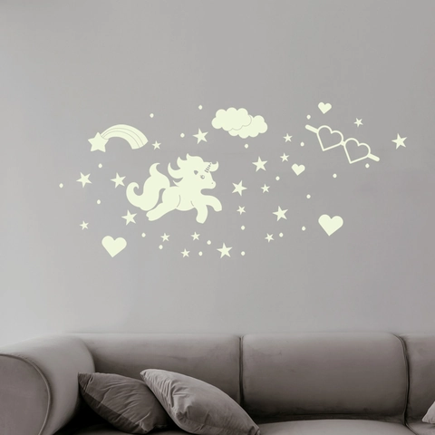 Adesivi Murali Unicorno Luminosi Blu Stelle Cuori Arcobaleno Nuvole PET Adesivi Murali Fluorescenti Decorativi