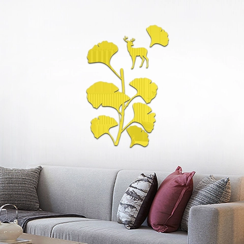 Pegatina de Pared de Espejo Acrílico 3D Diseño Hoja de Ginkgo Ciervo Moderno Calcomanías Autoadhesivas Para Sala de Estar