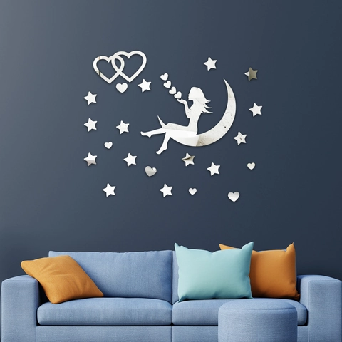 Adesivi Murali 3D in Acrilico Specchiato Ragazza Sulla Luna Stella Cuore DIY Decalcomanie Removibili Per Camera Dei Bambini Casa
