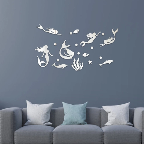 Pegatina de Pared de Espejo de Acrílico 3D de Sirena Tema Océano Delfín DIY Calcomanía de Espejo para Dormitorio de Niñas
