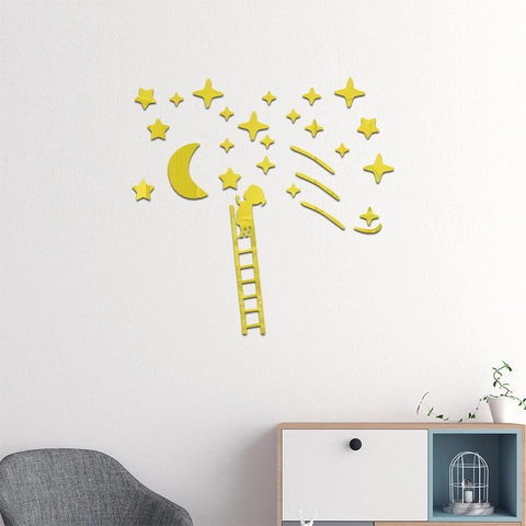 Pegatina De Pared De Espejo Acrílico 3D Luna Estrella Niña Subiendo Escalera Calcomanía De Pared Creativa DIY Decoración De Habitación