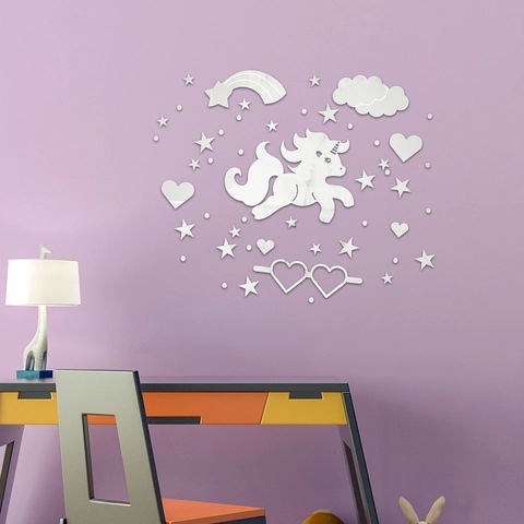 Pegatina de Pared de Espejo de Acrílico 3D Unicornio Arco Iris Estrella Corazón Calcomanía de Arte DIY para Cuarto de Niños
