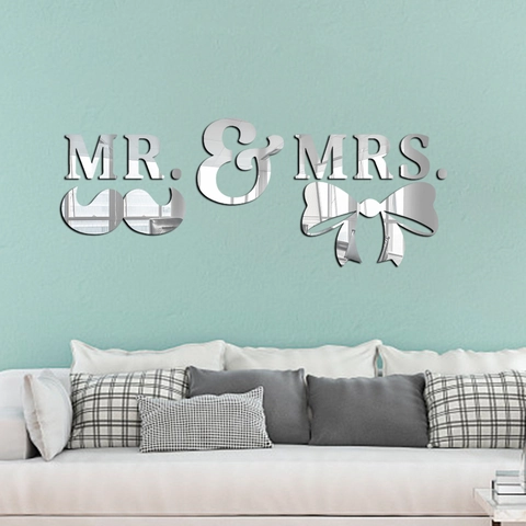 Pegatinas de Pared de Espejo Mr & Mrs Acrílico 3D DIY Removibles Con Diseño de Bigote Y Lazo para Boda Hogar
