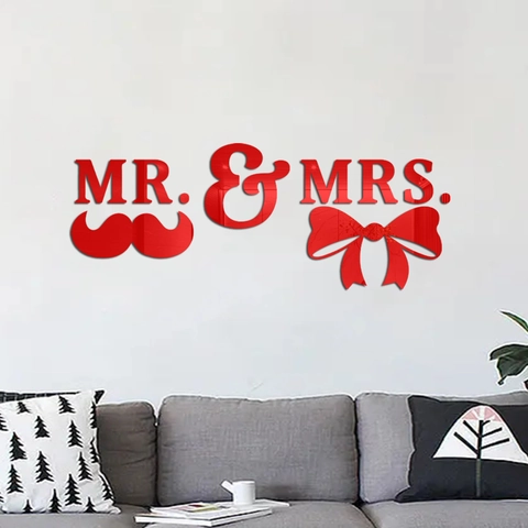 Pegatinas de Pared de Espejo Mr & Mrs Acrílico 3D DIY Removibles Con Diseño de Bigote Y Lazo para Boda Hogar