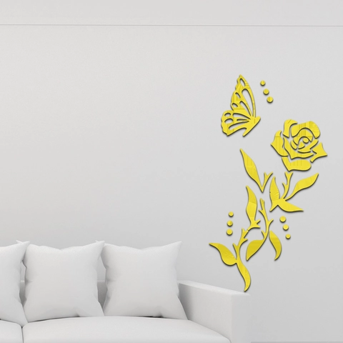 Adhesivo de Pared de Rosa de Espejo de Acrílico 3D Mariposa DIY Extraíble Decorativo para Sala de Estar Dormitorio Casa