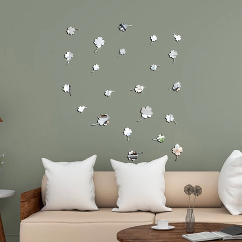 Stickers Muraux 3D Miroir Acrylique Trèfle DIY Moderne Minimaliste Botanique Floral Décalcomanies pour Salon Chambre Décoration