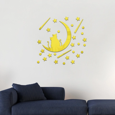 Adesivo da Parete 3D in Acrilico Specchiato Gatti Sulla Luna e Stelle DIY Decalcomania Riflettente per Camera da Letto