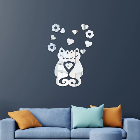 Pegatinas de Pared de Espejo Acrílico 3D Creativos Gatos Amor Corazón Flor DIY Calcomanías Para Dormitorio