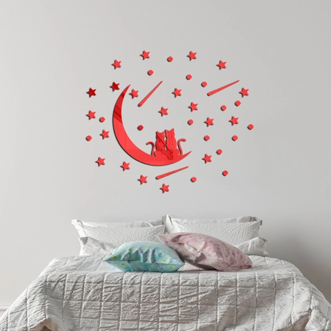 Pegatina de Pared Espejo Acrílico Gato Luna Estrella DIY Calcomanía Reflectante para Sala de Estar Dormitorio Decoración de Pared Hogar