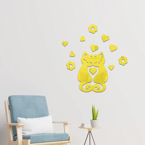 Pegatinas de Pared de Espejo Acrílico 3D Creativos Gatos Amor Corazón Flor DIY Calcomanías Para Dormitorio