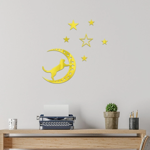 Moderni Adesivi Murali a Specchio in Acrilico Fai-da-te Set Luna Stelle Gatto Silhouette per Decorazione Parete Casa