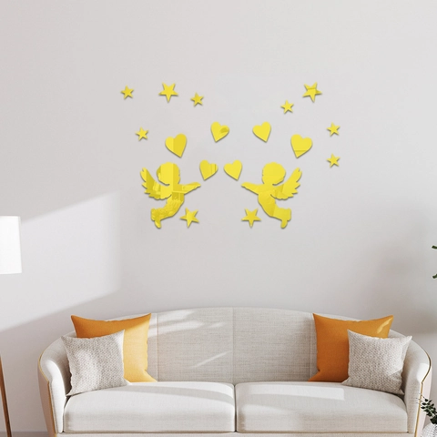 Set Adesivi Murali Effetto Specchio Cupido Angelo Cuore Stella Acrilico Dimensionale Autoadesivo Per Soggiorno Casa