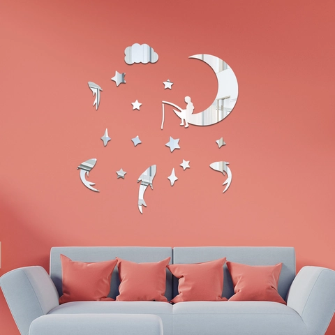 3D Acrylique Miroir Sticker Mural Garçon Lune Pêche Étoile Nuage Poisson DIY Miroir Décalcomanie Pour Chambre Enfants Décor