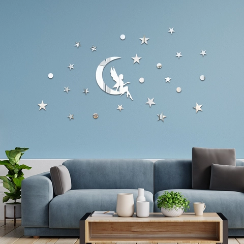 Adhesivos de Pared Espejo 3D Acrílico Hada En La Luna Estrella Calcomanías Autoadhesivo Mural Para Dormitorio Niñas Hogar Decor