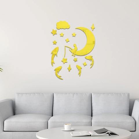 3D Acrylique Miroir Sticker Mural Garçon Lune Pêche Étoile Nuage Poisson DIY Miroir Décalcomanie Pour Chambre Enfants Décor