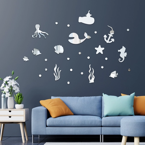 Ensemble de Stickers Muraux Miroir Acrylique Animaux de l'Océan DIY 3D Vie Marine Baleine Poulpe Décoration de Salle de Bain