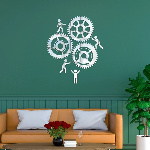 Mirror Acrylic Wall Sticker Gear People Silhouettes Industrial Style Self Adhesive DIY Decor For Home Living Room Office