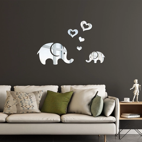 Pegatina de Pared de Espejo de Acrílico de Elefante y Corazón Moderno 3D DIY Calcomanía de Pared de Animales para Habitación Niños Guardería Decoración
