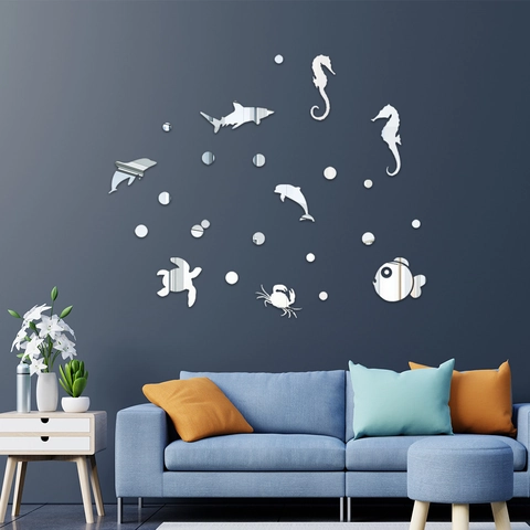 Adesivi da Parete Specchio Animali Marini Mondo Oceanico 3D Acrilico Removibili DIY Impermeabili Squalo Delfino Tartaruga Pesce Bolle
