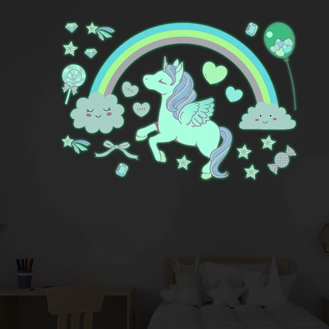 Einhorn Regenbogen Leuchtende Wandaufkleber Leuchten Im Dunkeln Fluoreszierende Sterne Herz Aufkleber Für Kinderzimmer Deko