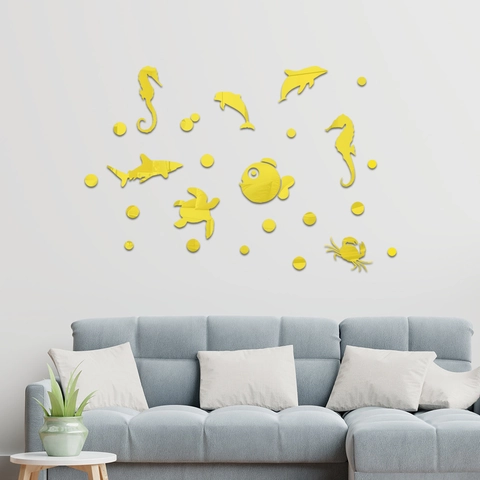 Adesivi da Parete Specchio Animali Marini Mondo Oceanico 3D Acrilico Removibili DIY Impermeabili Squalo Delfino Tartaruga Pesce Bolle