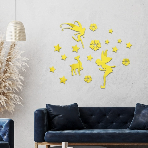 Pegatinas de Pared de Espejo de Acrílico 3D Hada Ciervo Estrella Patrón Floral DIY Calcomanía de Pared para Habitación Niños Hogar