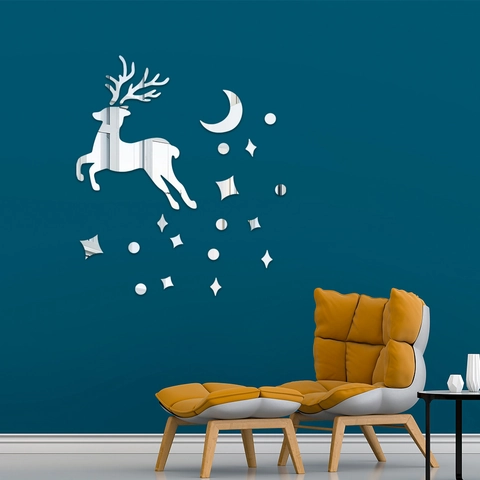 Sticker Mural Miroir en Acrylique Miroir 3D Cerf Lune Étoile Amovible Auto-adhésif DIY Décoration Murale Chambre Salon