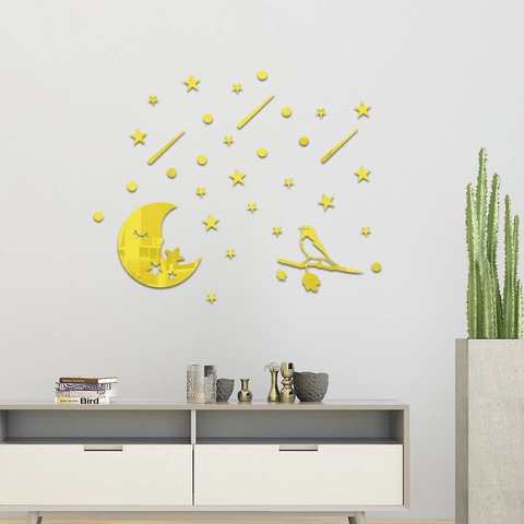 Sticker Mural Miroir en Acrylique 3D DIY Lune Étoiles Oiseau Auto-Adhésif Amovible pour Salon Chambre Décoration Maison
