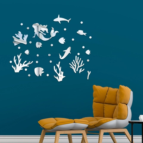 Sticker Mural Acrylique Miroir Sirène 3D Thème Sous-marin Océan DIY Surface Miroir Imperméable Décalcomanie Chambre Enfant