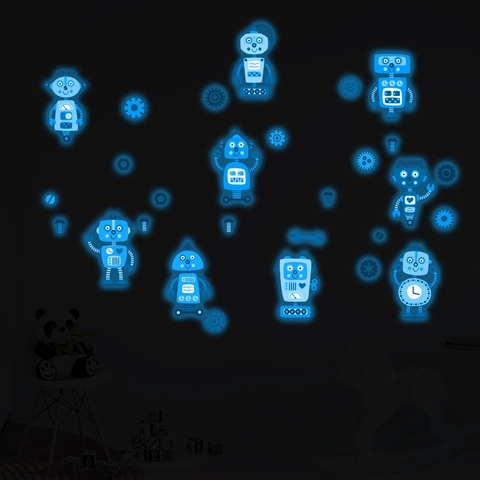 Cartoon Roboter Leuchtende Wandaufkleber PET Glow In The Dark Fluoreszierend Blau Aufkleber Für Kinderzimmer Schlafzimmer Dekoration