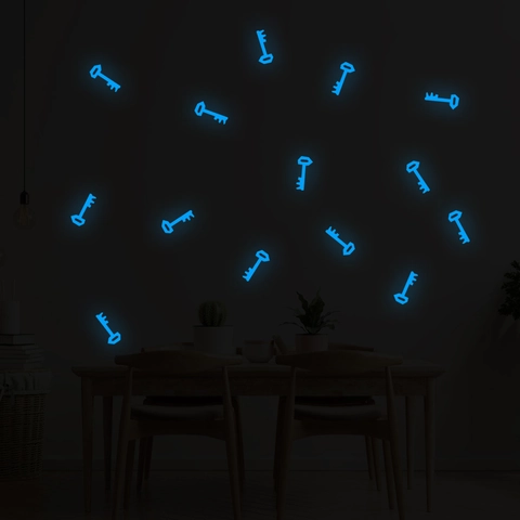 Luminous Key Wall Stickers Blue Glow Fluorescent PET Decals Modern Minimalist Key Pattern Stickers For Bedroom Living Room Decor
