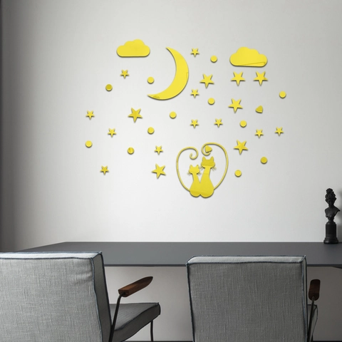 Autocollant Mural Miroir en Acrylique 3D Chats Romantiques Lune Étoiles Cœur Auto-adhésif Amovible pour Salon Chambre Décor