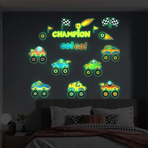 Pegatinas de pared de camiones monstruo que brillan en la oscuridad De PVC con efecto luminoso para habitación infantil y hogar