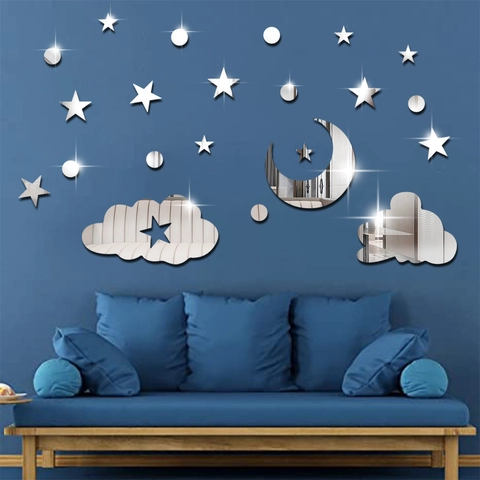 Pegatinas de Pared de Espejo 3D Estrellas Luna Nubes DIY Acrílico Calcomanías de Pared Para Dormitorio Sala de Estar Decoración