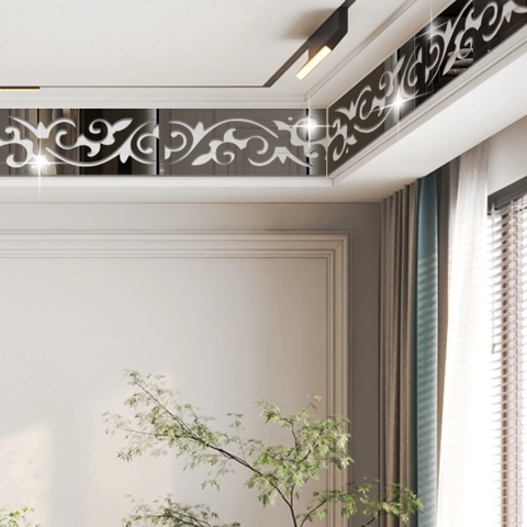 Adesivo da Parete a Specchio in Acrilico con Intaglio Floreale Decalcomania Bordo Autoadesivo Decorativo per Soggiorno Camera da Letto