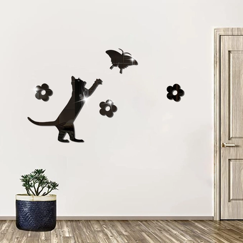 Pegatina De Pared 3D De Acrílico Espejo Gato Atrapando Mariposa Y Flores Diseño Autoadhesivo DIY Decoración Para Sala De Estar Dormitorio
