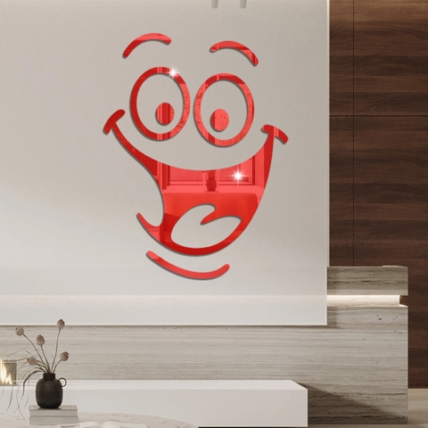 Sticker Mural Miroir en Acrylique 3D Dessin Animé Visage Souriant Auto-Adhésif Décalcomanie pour Salon Chambre Décoration Maison