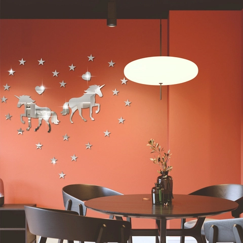 Vinilos Decorativos de Unicornio de Acrílico con Espejo Minimalista Moderno Calcomanías de Espejo de Corazón Estrella DIY para Dormitorio Sala de Estar