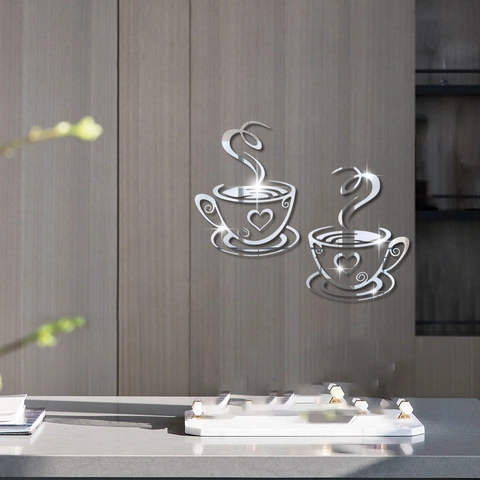 Adesivo da Parete a Specchio 3D in Acrilico Tazza da Caffè Motivo Cuore Autoadesivo Fai-da-te per Cucina Sala da Pranzo Bar